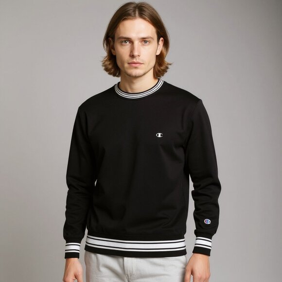 Champion Black & White Reverse Weave Tipped Crewneck Sweatshirt Size Large - Picture 1 of 10